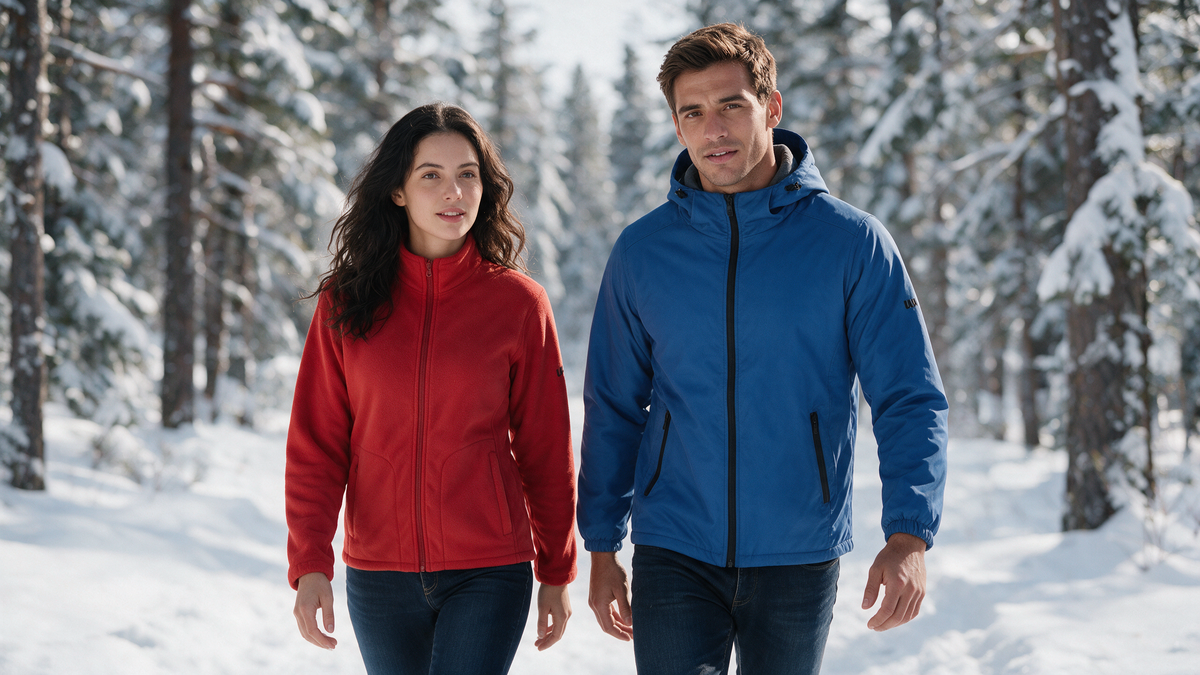 Hombre y mujer con chamarra Rockies azul y Summit roja de TUUM en un bosque nevado, destacando sus cierres, bolsillos, colores originales y logotipos en las mangas.