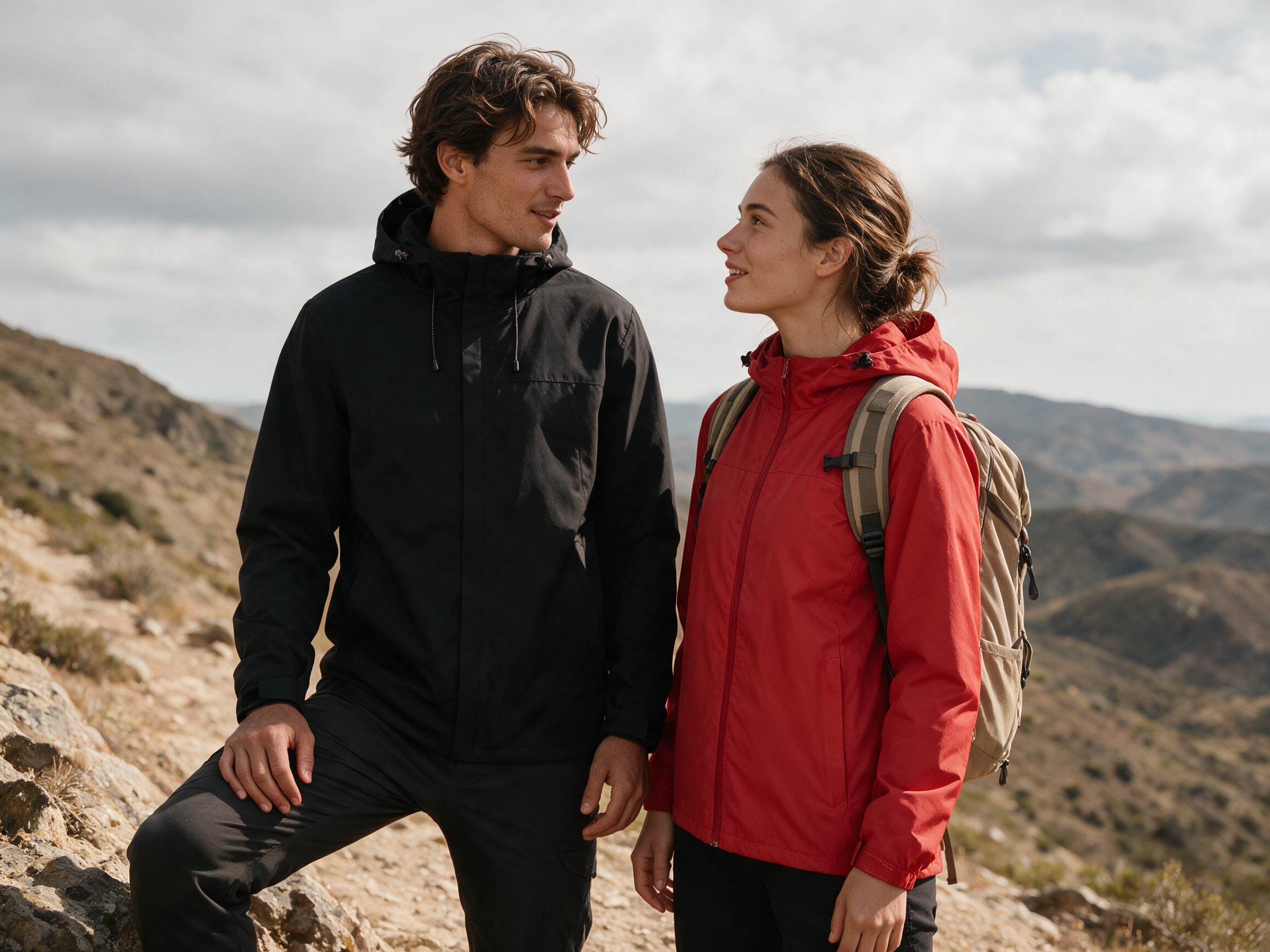 Hombre y mujer con chamarras outdoor TUUM Everest negra y Peak roja en un sendero de montaña, disfrutando una aventura entre paisajes rocosos bajo un cielo nublado.