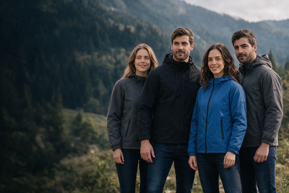 Colección outdoor TUUM con chamarras y prendas para hombre y mujer, incluyendo chamarra Rockies gris, en un paisaje natural de montaña.