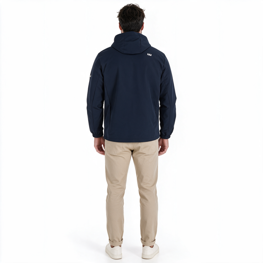 Hombre modelando chamarra TUUM Peak azul marino abierta sobre camiseta blanca, con capucha, pantalón beige y tenis blancos en fotografía de estudio.