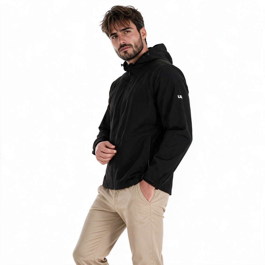 Modelo masculino luciendo chamarra TUUM Peak negra con capucha y cierre frontal, en pose editorial de tres cuartos con pantalón beige sobre fondo blanco.