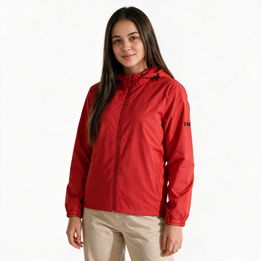Mujer modelando chamarra TUUM Peak roja con capucha ajustable, cierre frontal y logotipo negro en manga, combinada con pantalón beige sobre fondo blanco