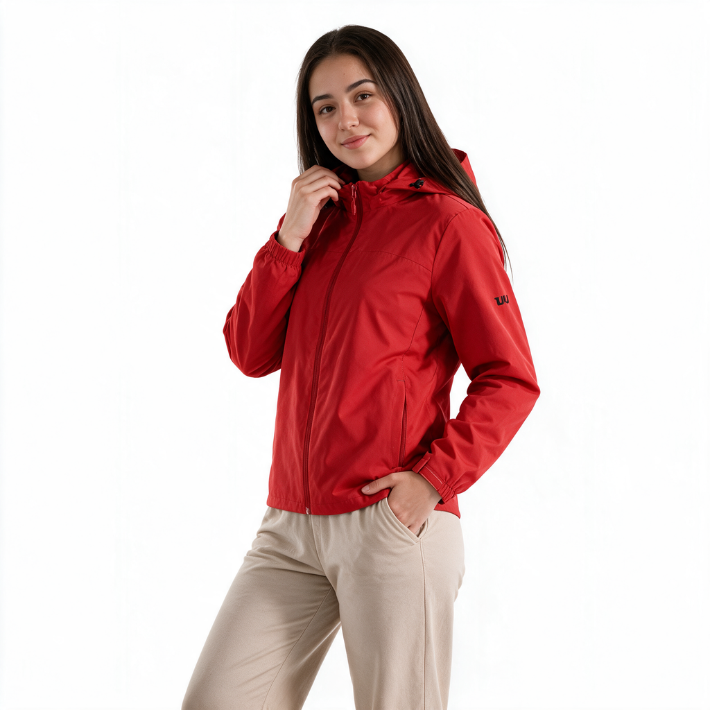 TUUM_Peak_Roja_Chamarra_con_Capucha_para_Mujer_Vista_Pose_Editorial