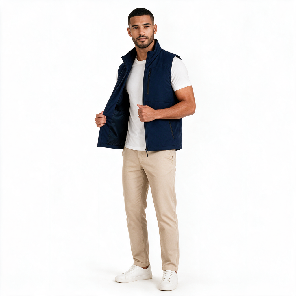 Chaleco TUUM Sahara azul marino para hombre, abierto sobre camiseta blanca, mostrando su diseño sin mangas y cierre frontal.