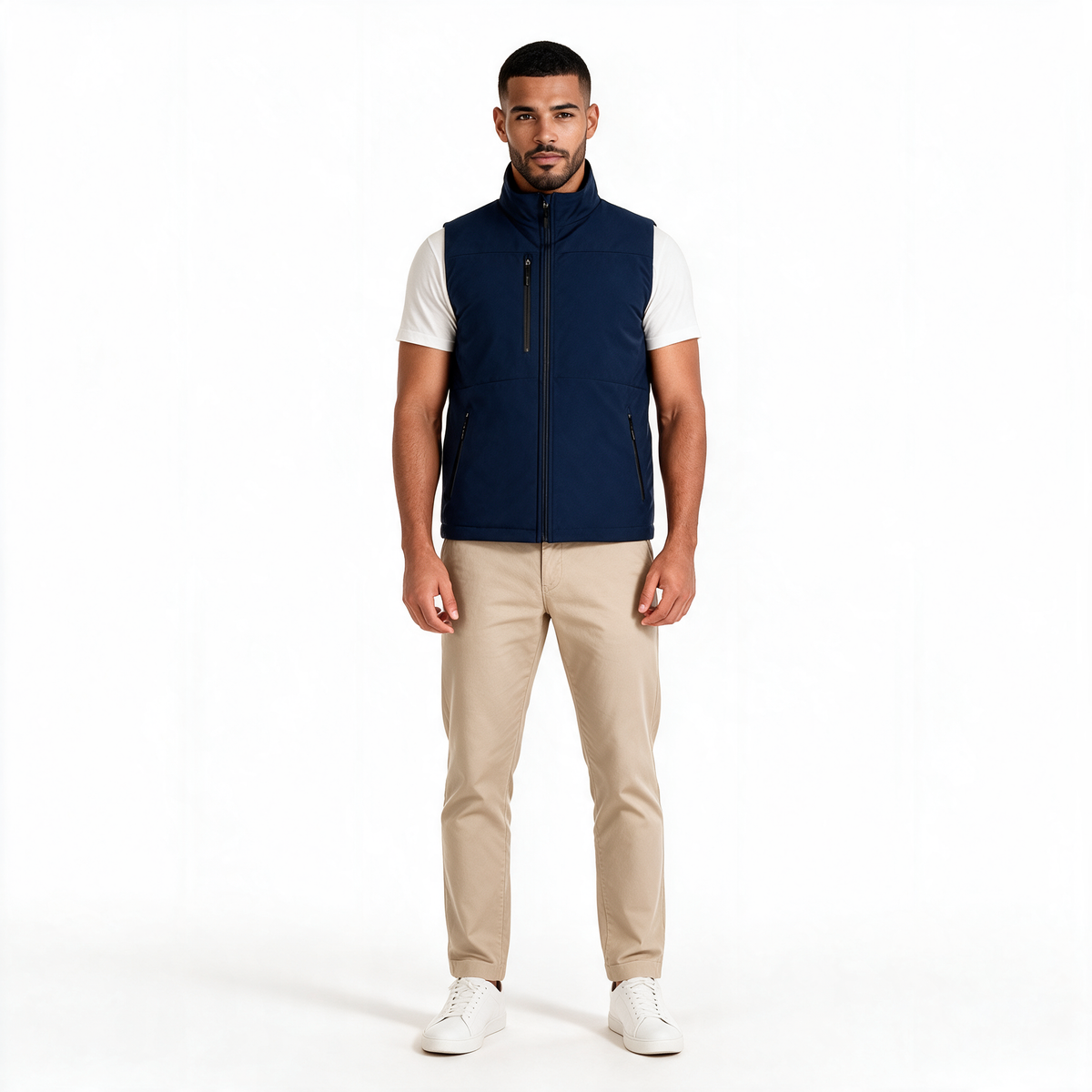 Hombre usando chaleco TUUM Sahara azul marino con camiseta blanca, pantalón beige y tenis blancos, vista de cuerpo completo.