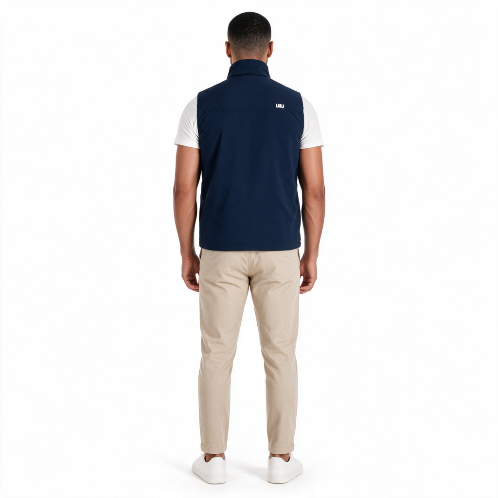 Vista posterior del chaleco TUUM Sahara azul marino para hombre, con logotipo blanco original en la parte superior derecha de la espalda.