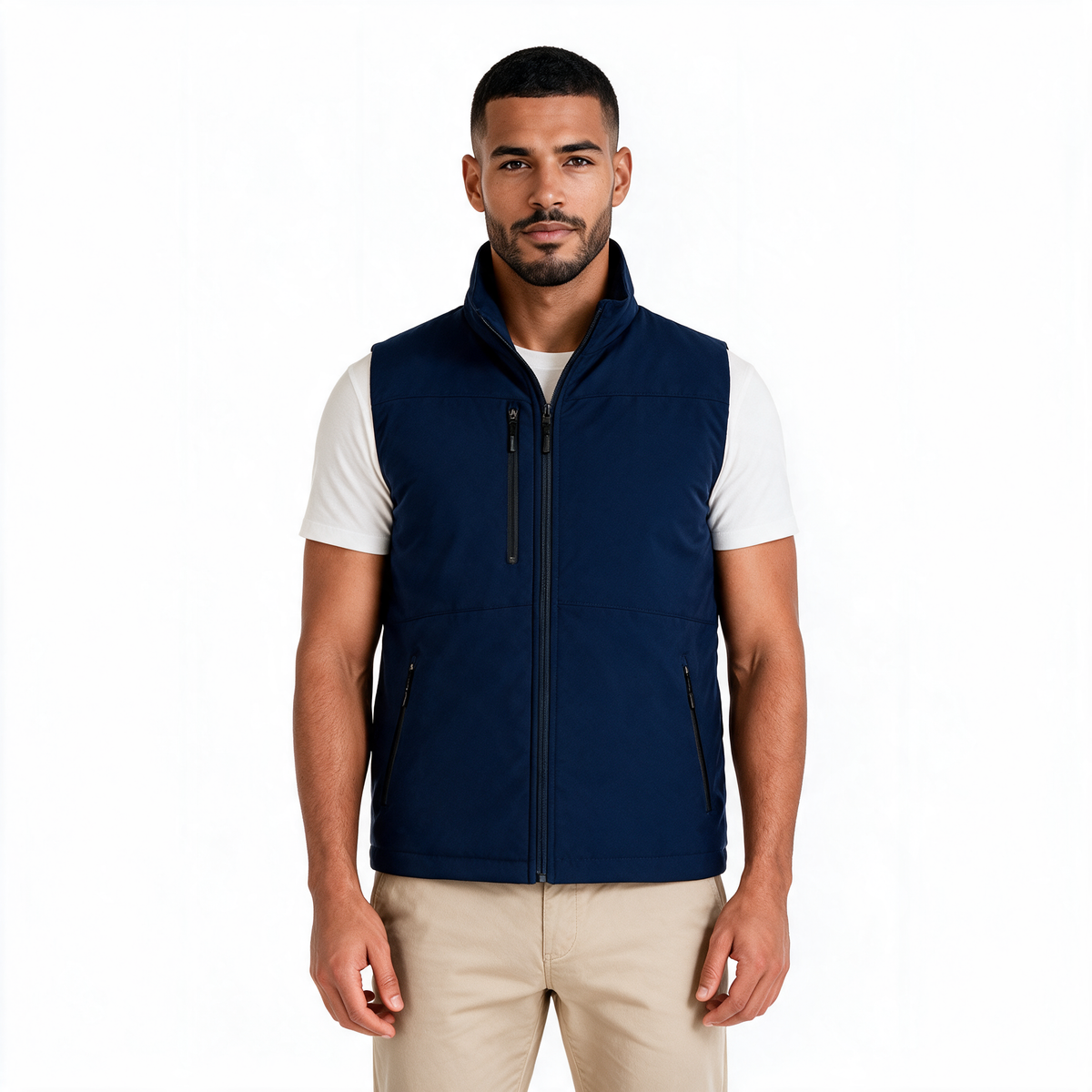Chaleco TUUM Sahara azul marino para hombre, vista frontal con cuello alto, cierre central y bolsillos con cremallera.