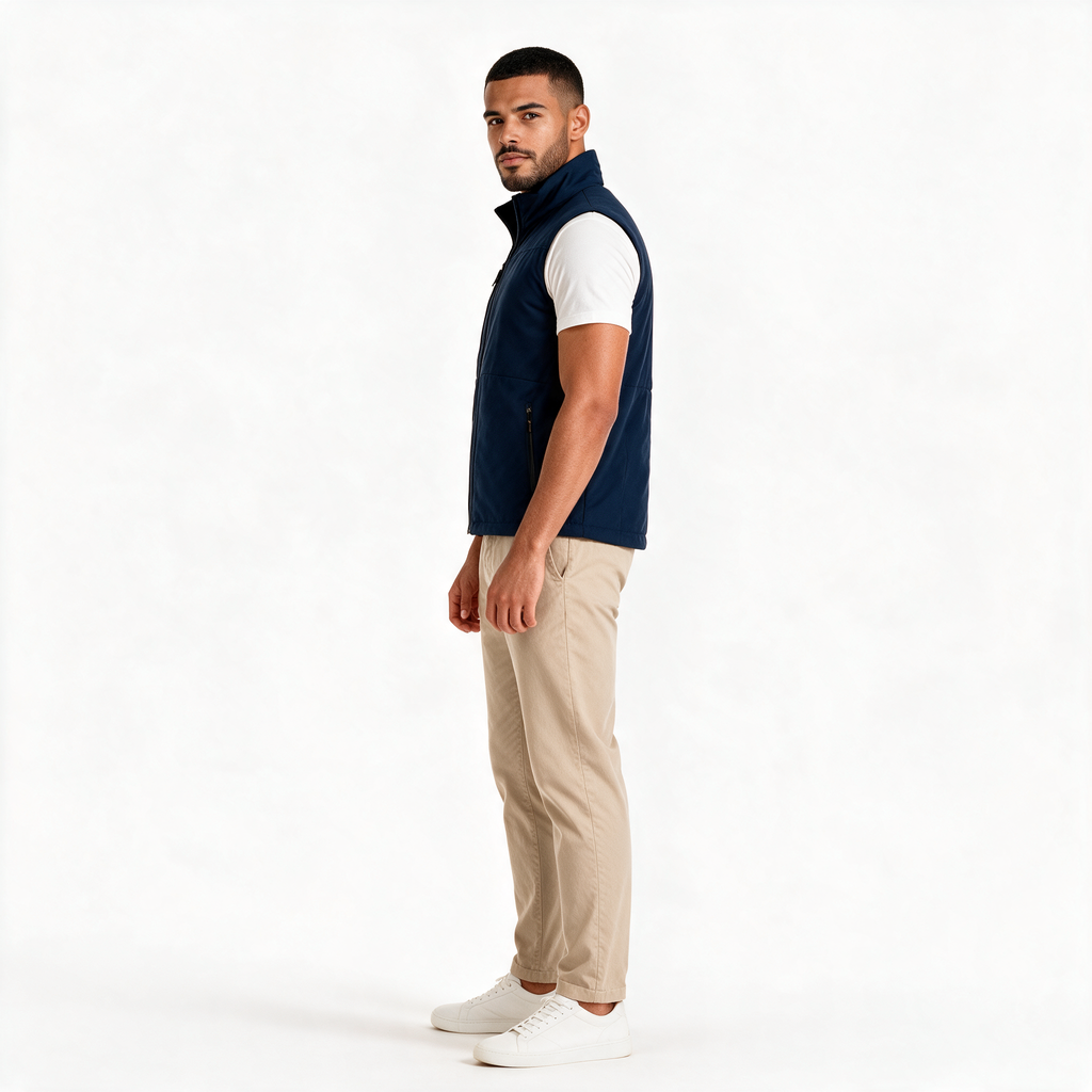 Vista lateral del chaleco TUUM Sahara azul marino para hombre, mostrando el ajuste, cuello alto y silueta de la prenda.